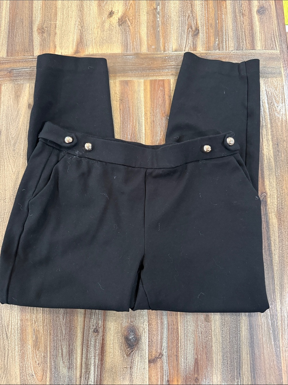 Women's Black Straight-Leg Dress Pants with Decorative Buttons